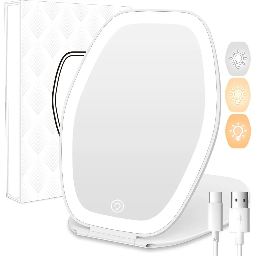 

Travel Makeup Mirror with Light: 3 Color Lighting Portable Mirror with Touch Screen Rechargeable Adjustable LED Lights Vanity H
