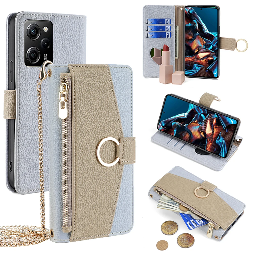 Fashion Metal Chain Crossbody Full Enclosure Case with Mirror for Xiaomi Poco C40 F3 F4 M3 M4 M5 X4 X5 Note 12 Pro 4G 5G Cover