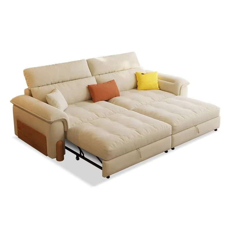 Wood cream style small apartment living room storage multi-functional three-person fabric sofa bed 2025 new dual-purpose