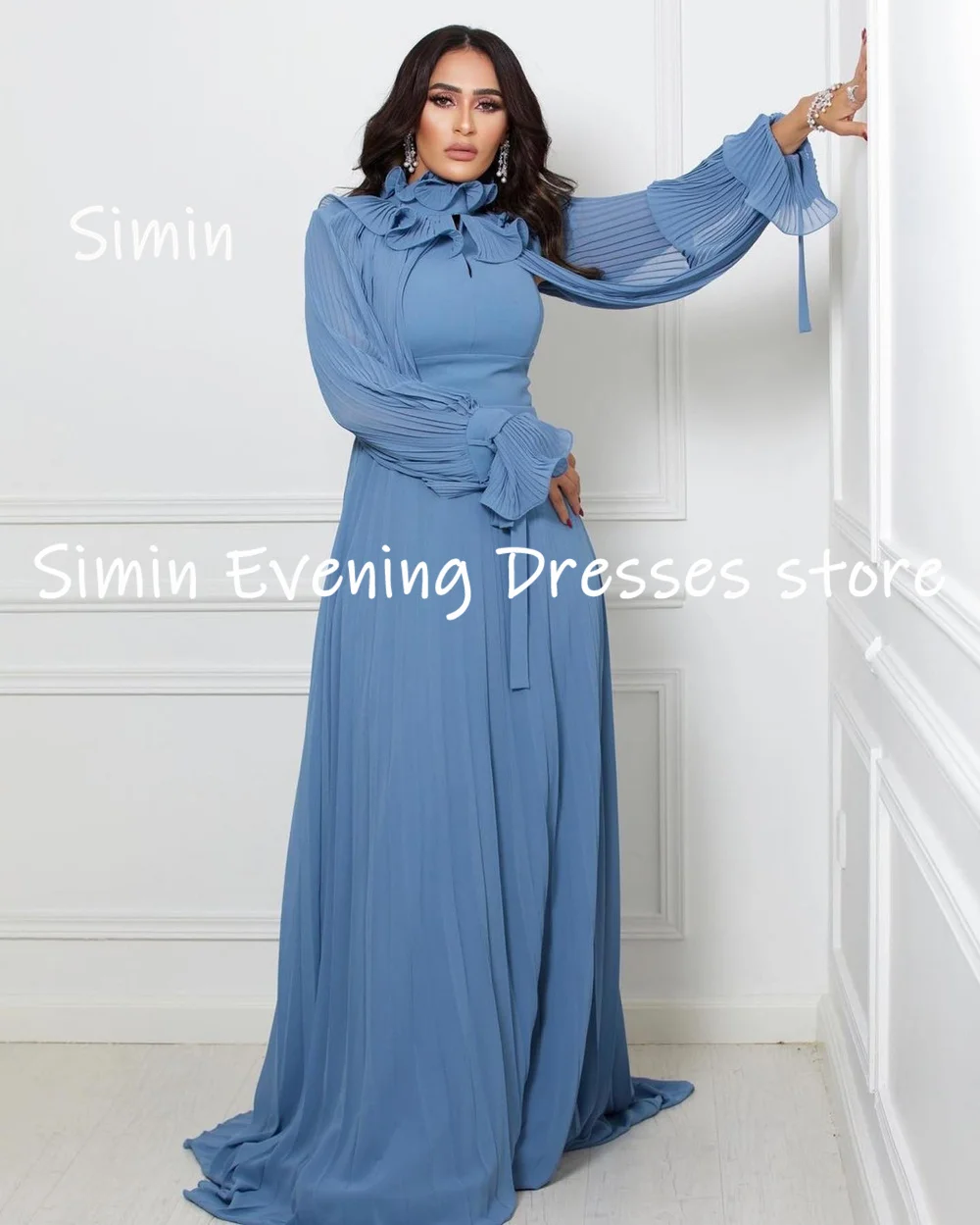 Simin-vestido de gasa con volantes para mujer, traje Formal hasta el suelo con escote redondo, elegante, para fiesta de noche, 2023