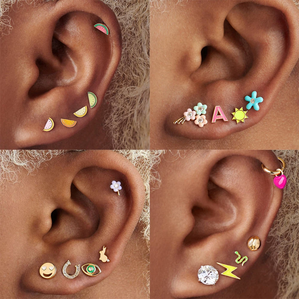 Multicolor Cute Geometric  Alien Face Cartilage Stud Earrings for Women Enamel Fruit Flower Ear Piercing Earring Gifts