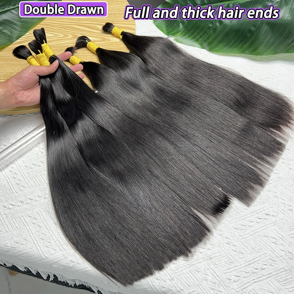 شعر بشري مفرود مزدوج المسحوب للتضفير بدون لحمة وصلة شعر 100 جرام/قطعة # 1B لون طبيعي ضفائر شعر عذراء خام