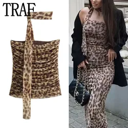 TRAF Leopard Print Bandeau Top Women Tulle Off Shoulder Crop Top Woman Ruched Sleeveless Backless Tube Tops Summer Sexy Tops