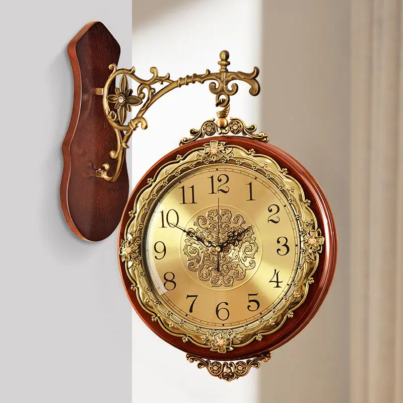 Wooden Wall Clock Living Room Double-sided Clocks Vintage Room Decoration Luxury Wall Watch Silent Entrance Hall Decoration