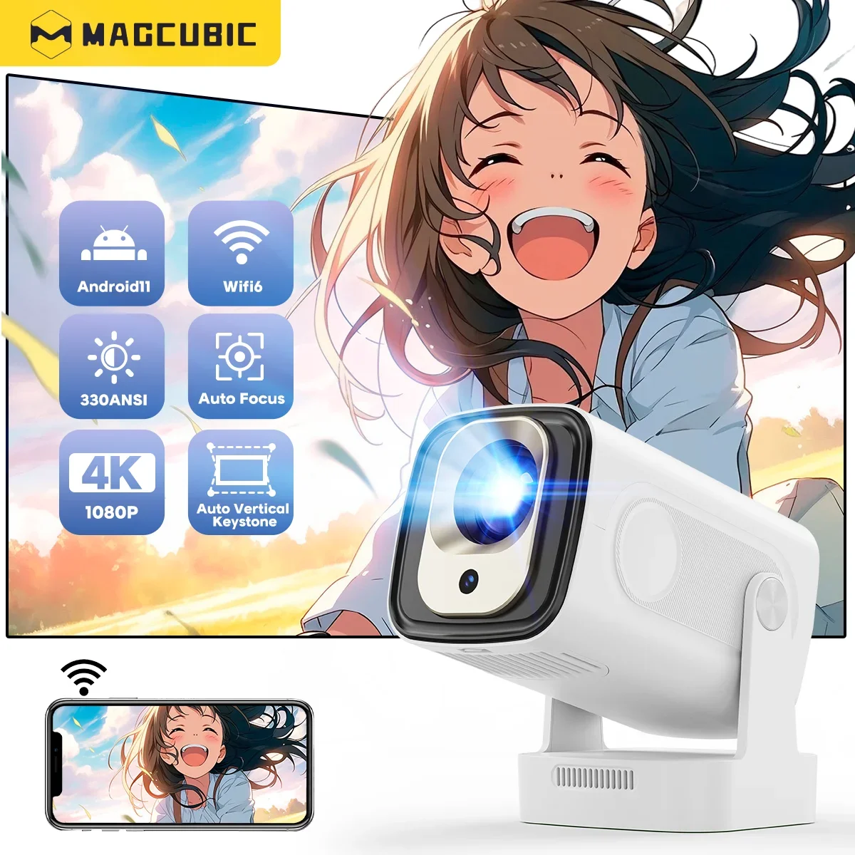 Magcubic Auto Focus 330 ANSI HY310 proyector 4K compatible con 1080P Android 11 WiFi6 BT5.4 Air Mouse Control de voz portátil para el hogar
