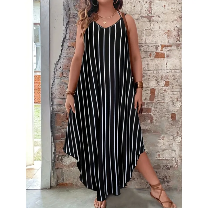 Plus Size 1XL-5XL Women's Fashionable Slim Shoulder Strap Striped Printed Casual Comfortable Suspender Dress