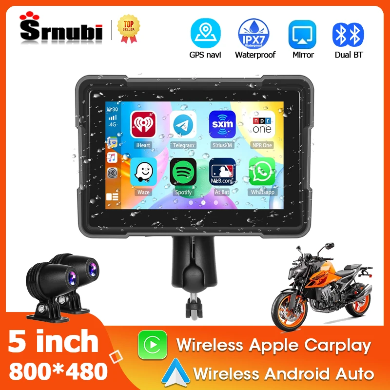5 Inch Portable Mortorcycle Wireless Apple Carplay Android Auto 1080P Dual Camera Mirror Link Siri Google Voice Bluetooth MOTO