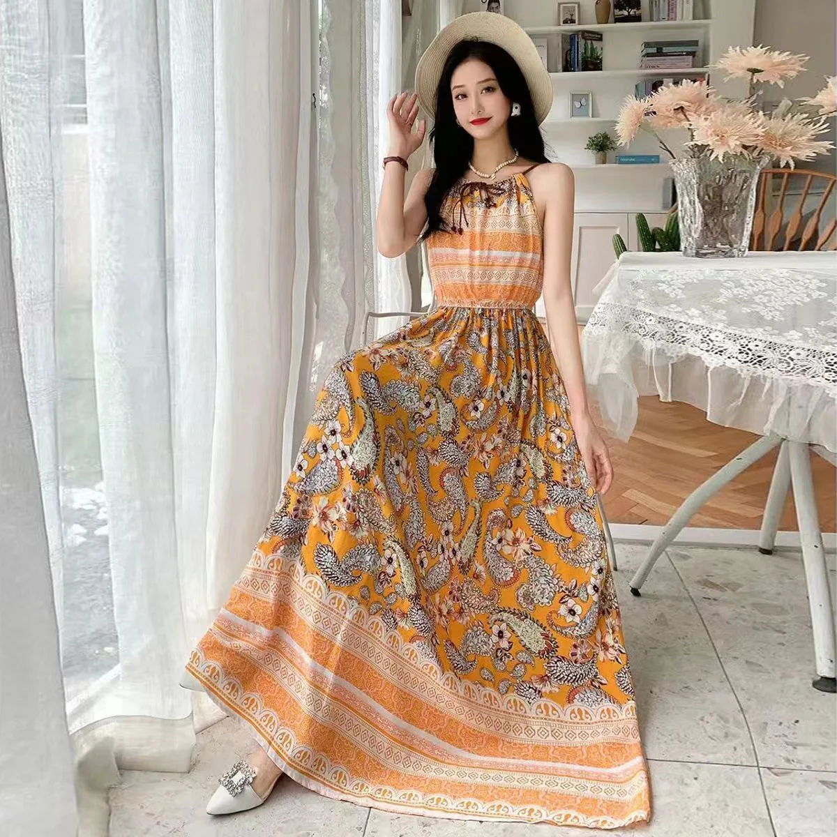 

Indian Long Boho 2025 Summer Dress New V-neck Sling Light and Comfortable Dress Seaside Holiday Floral Slim High Waist Dress
