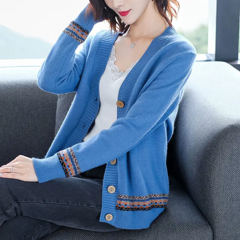 Spring Autumn Solid Color Jacquard Women\'s Knitted Cardigan Long Sleeve Korean Loose V-Neck Button Sweaters Coat Female Clothing