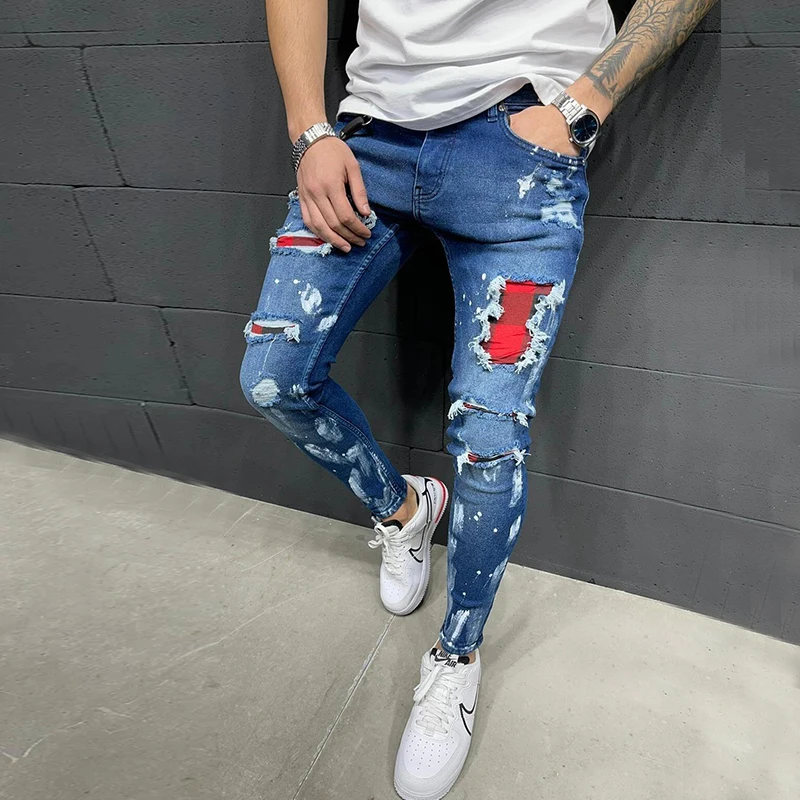 Men\'s Skinny Ripped Jeans Plaid Patchwork Denim Trousers Hip-Hop Print Jogging Pencil High Quality Denim Men Pants