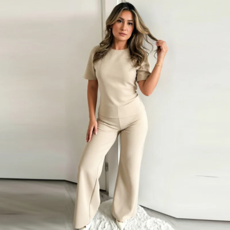 HXAO Weit geschnittenes Hosen-Set für Damen – Sommer 2026 Basic rückenfreies Kurzarm-T-Shirt-Outfit mit schicker, hochtaillierter elastischer Hose – Detail 9