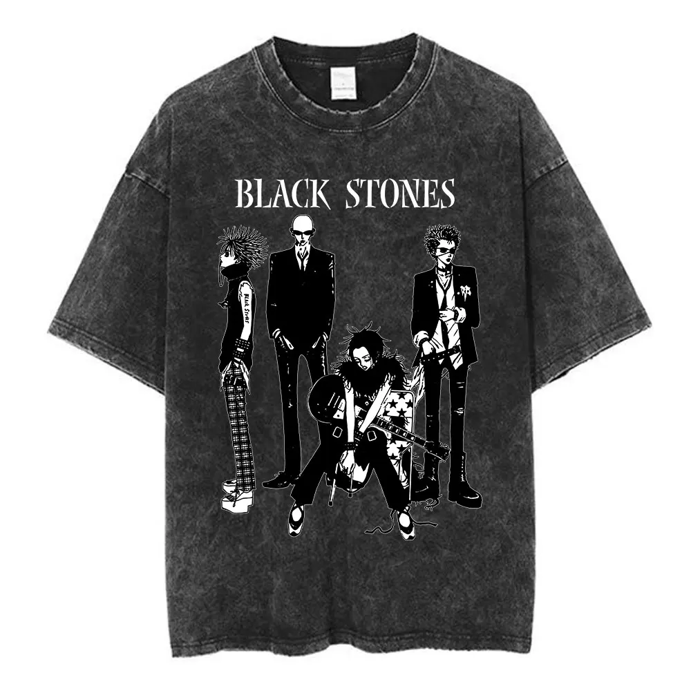 Japanese Manga Nana Osaki Black Stones Band Vintage Washed T Shirts Men Women Harajuku Short Sleeve T-shirt 100% Cotton T-shirts