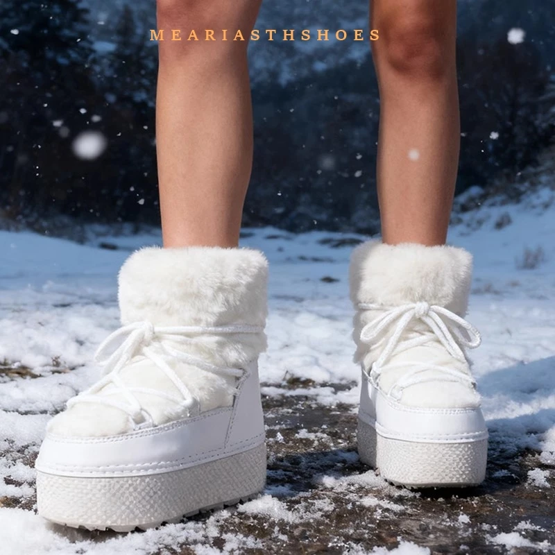 

4.5cm Platform Snow Boots for Women Flat With Soft Comfortable PU Leather Waterproof Ankle Boots for Women Black White Ski Boots