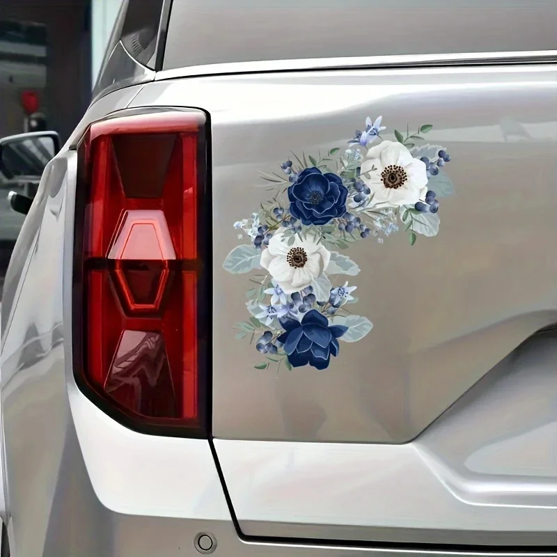 

Элегантные синие и белые цветочные наклейки на окно на бампер автомобиля для грузового фургона, водонепроницаемые наклейки на автомобиль, декоративный виниловый материал