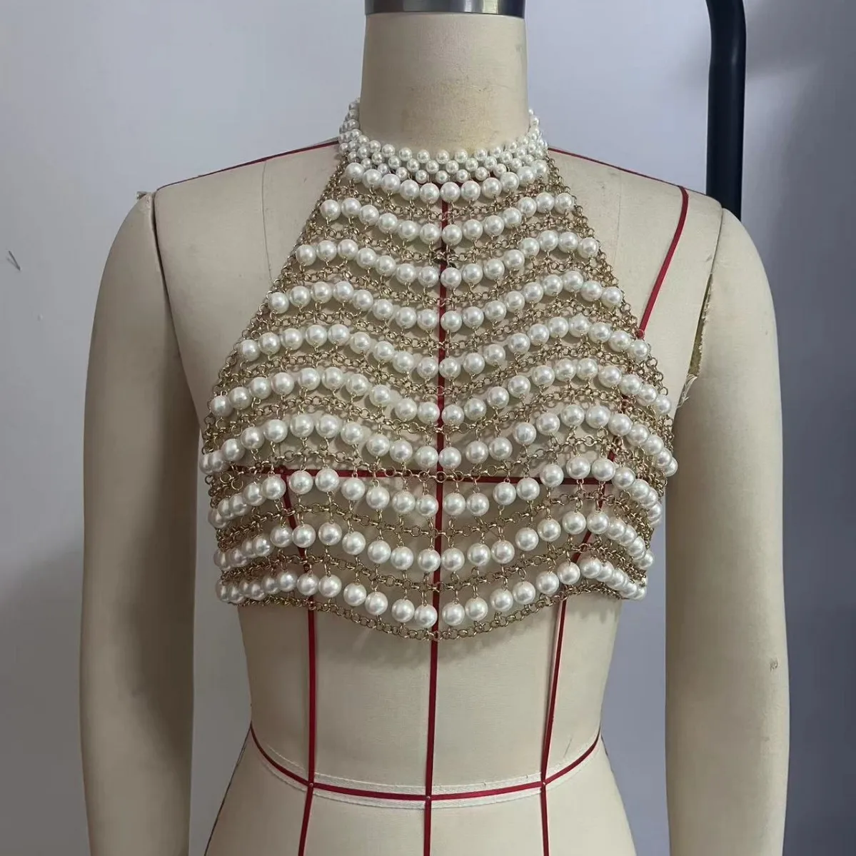 Handmade Plastic Shell Pearls Beading Backless Vest Bra Chain Sexy Beach Bikini Crop Tops Corset Women Breast Body Jewelry Tops