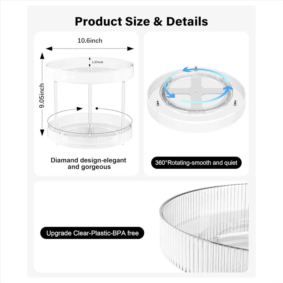A20I 360° Clear Rotating Storage Tray, 2 Tier Lazy Susan Bathroom Countertop Organizer, Cosmetics and Perfume Organizer