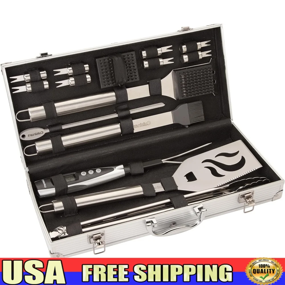 

Deluxe 20-Piece BBQ Tool Set with Aluminum Case Digital Temperature Fork Spatula Tongs Grill Accessories Outdoor Cooking