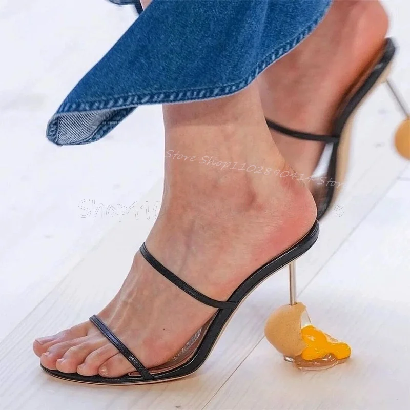 

Black Strappy Open Toe Egg Heel Slippers Slip On Women Shoes Strange Style Heels Fashion Party Banquet 2024 Zapatos Para Mujere