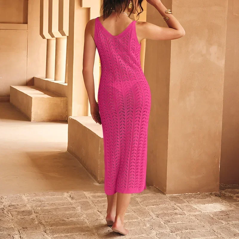 Women's Solid Color Sleeveless V-Neck Long Dress Beach Sunscreen Cover with Side Slit Hollow out Machine Washable Skirt