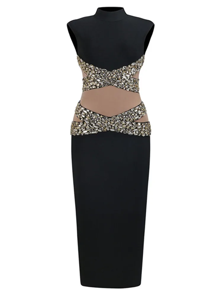 Luksusowe kobiety Celebrity Sexy Tank Black Beading Maxi Long Split Bodycon Bandage Dress 2024 Elegancka wieczorowa sukienka klubowa