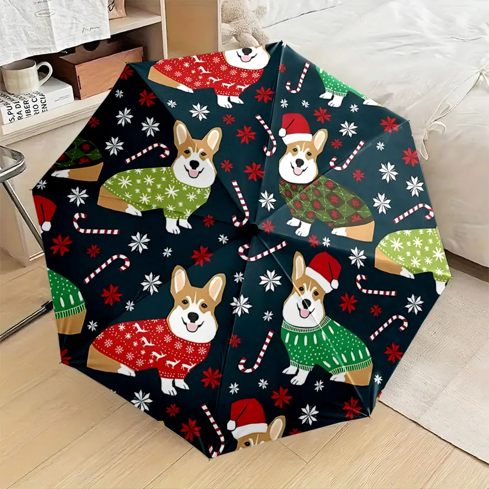 1PC Cozy Corgi Christmas-themed Umbrella Design Print 8 Iron Ribs Folding Umbrella Auto-Open Fashion Sunshade