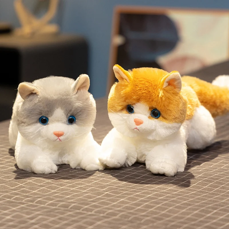 31 cm mignon Simulation chat couché poupée en peluche jouet en peluche blanc gris Orange rayure dessin animé Animal oreiller flou peluche cadeau
