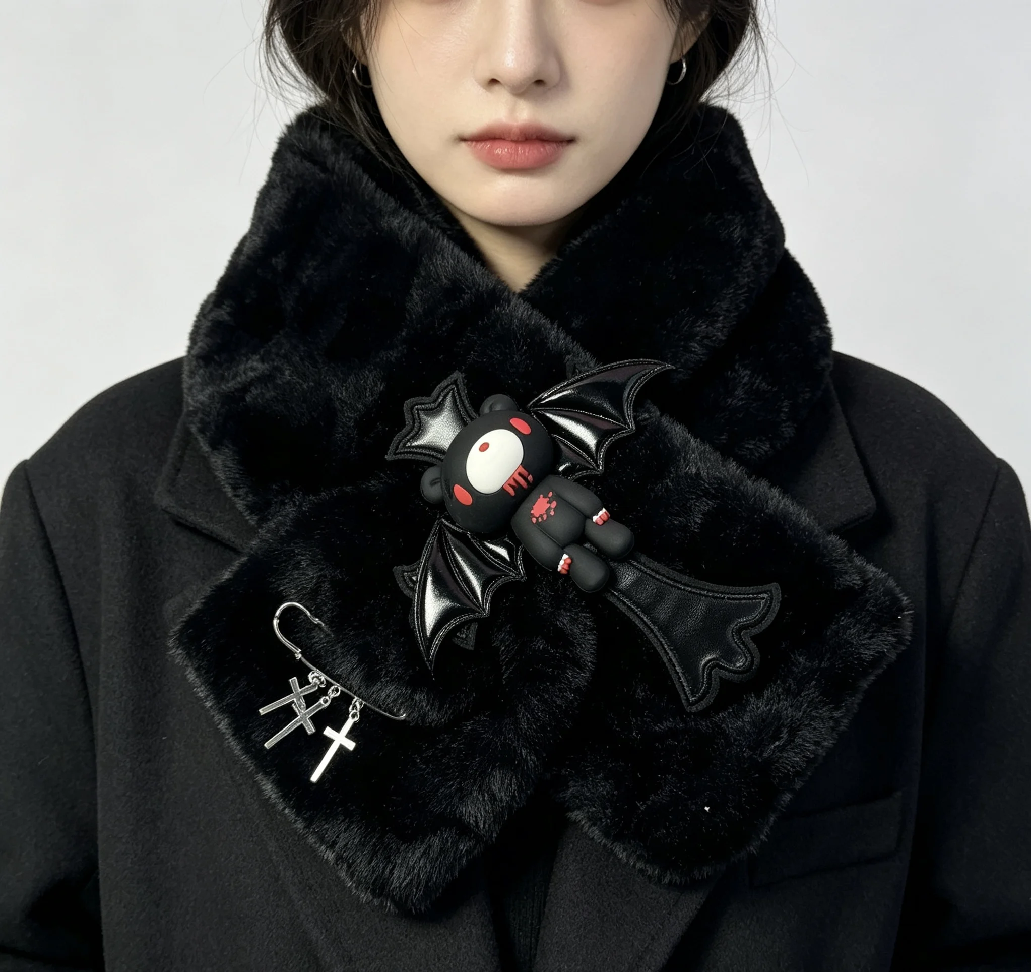 Black Gothic Fluffy Plush Scarf with Bear Bat Brooch & Cross Pendant, Warm Faux Fur Neck Warmer, Women Winter Streetwear Accesso