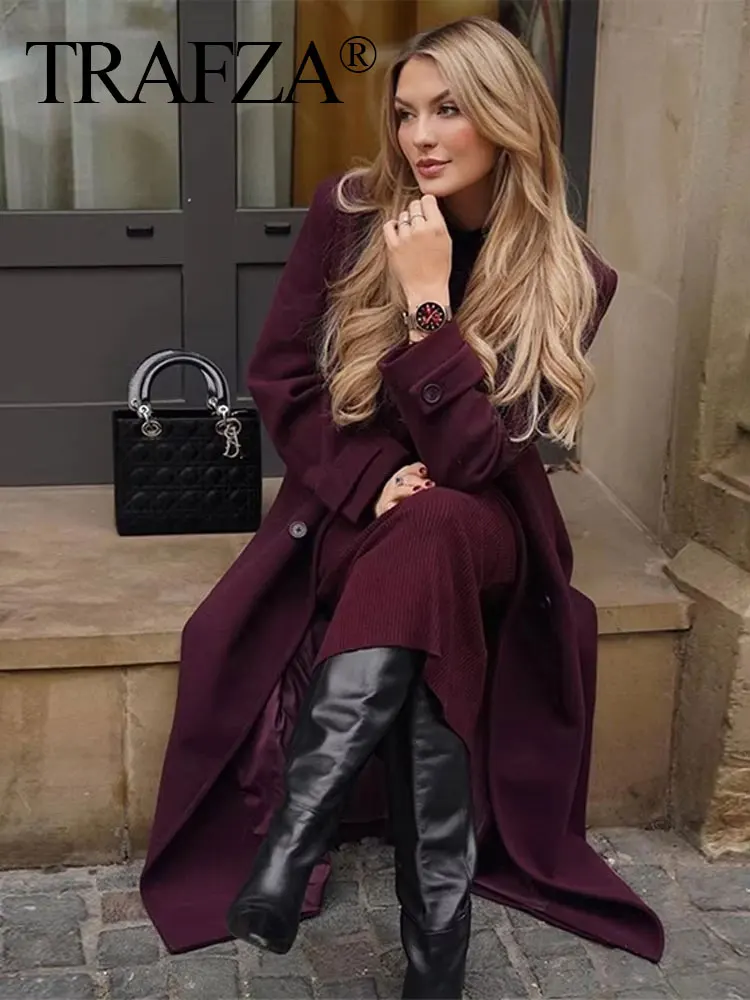 TRAFZA Female Autumn Elegant Oversize Burgundy Windbreaker Long Sleeves Lapel Double Breasted With Belt Commute Outerwear Coat