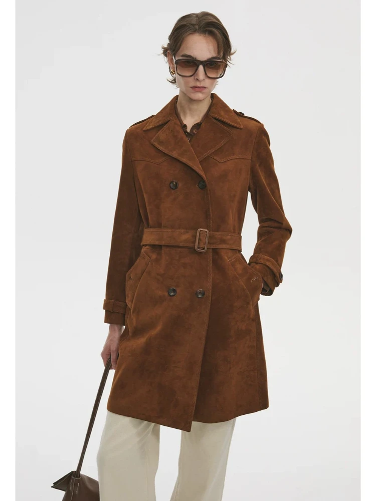 

European Women Real Sheepskin Leather Jacket Suede Medium Long Leather Trench Coat With Double Breasted Leather Coat Woman