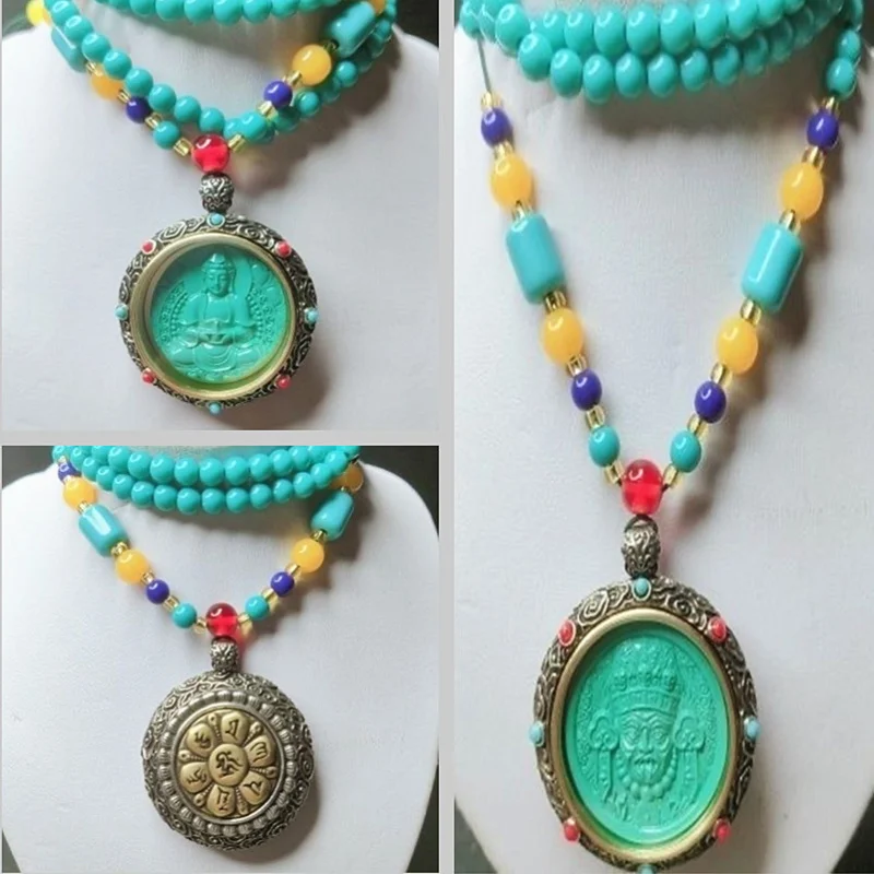 

Turquoise sweater with Green Tara and six-character mantra, unisex necklace, ethnic style jewelry