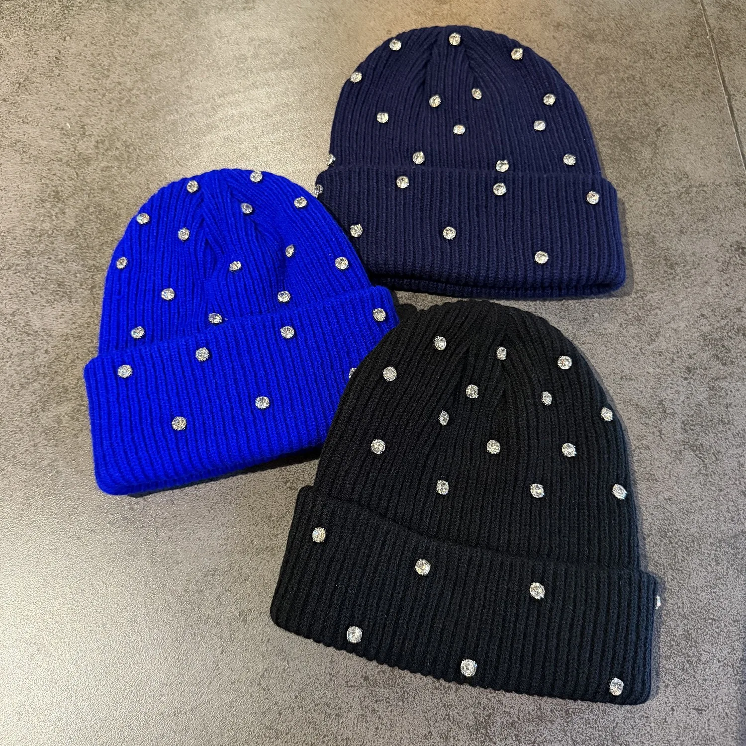 American Style High Quality Diamond Encrusted Solid Color Hat 100%Cotton Casual Cap Stretchable Beanie Men Women