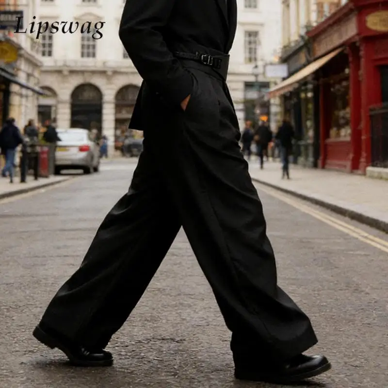 

Винтажные плиссированные свободные драпированные брюки для мужчин, уличная мода, весна-осень, однотонные прямые брюки, мужские повседневные брюки с поясом