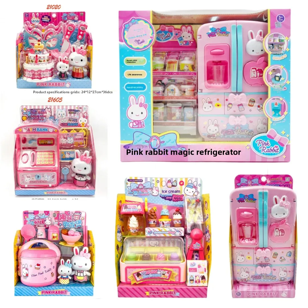 Rosa Kaninchen Küche Kühlschrank Mini Make-Up Tisch Kuchen Party Simulation Medizinische Werkzeuge Mädchen Haus Spielen Spielzeug Gemischt