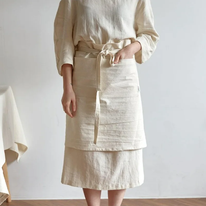 

Half-body Apron for Pottery Kitchen and Floral Farmhouse-style Korean Cotton Linen Plain-colored Art Apron Ramie Cotton Fabric