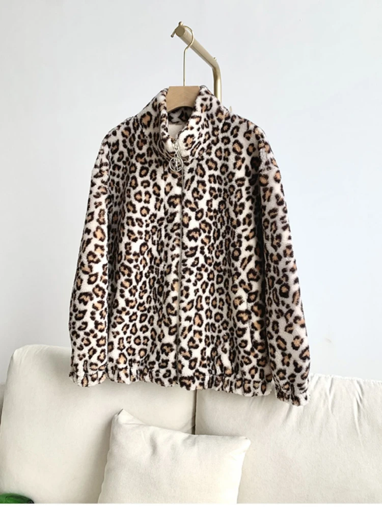 MENINA BONITA 2022 New Winter Jacket Women Leopard Print Stand Collar Real Fur Coat Natural Weave Wool Fur Warm Loose Outerwear