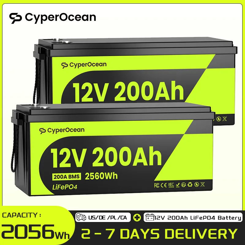 

Аккумулятор CyperOcean 12V 200Ah LiFePO4 со встроенной BMS 200A, перезаряжаемая литиевая батарея для автодомов/кемпинга/накопителей солнечной энергии