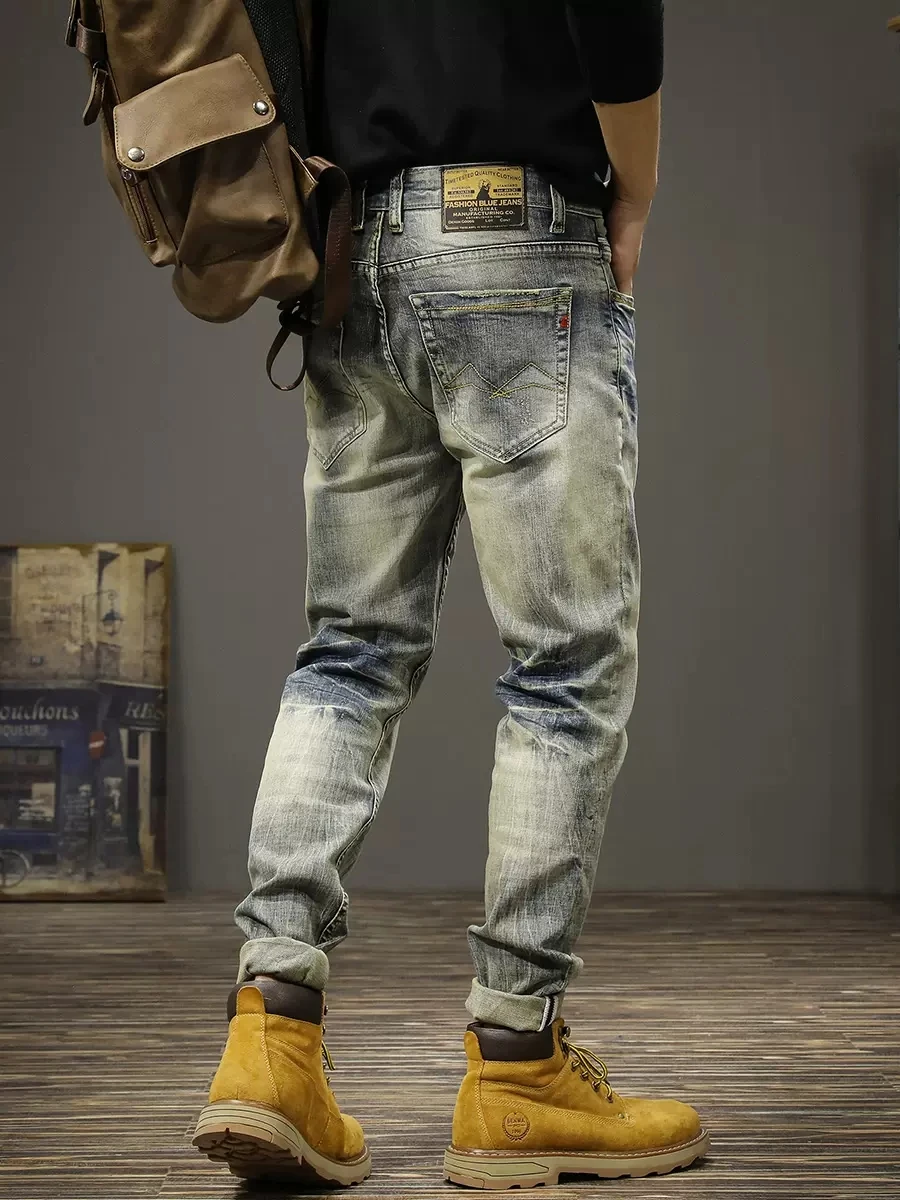 Italian Style Fashion Men Jeans Retro Elastic Slim Fit Ripped Jeans Men Stretch Vintage Trousers Casual Designer Pants Hombre