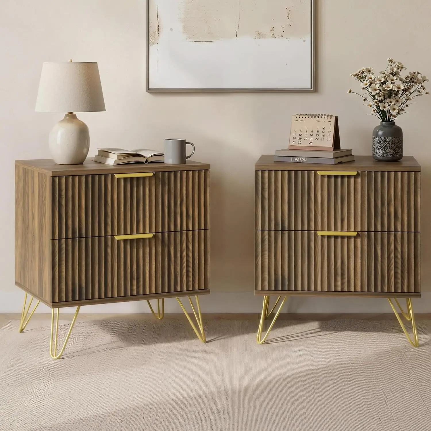 Modern Fluted Nightstand Set of 2 with 2 Drawers and Gold Legs, OAK, 21.7