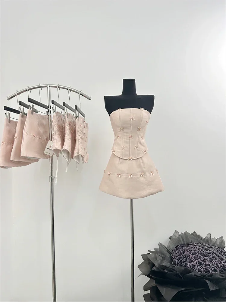Women Vacation Old Money Rave Aesthetic Night Club Birthday Outfits 2 Piece Set Gyaru Bow Tube Top + Mini A-line Skirts