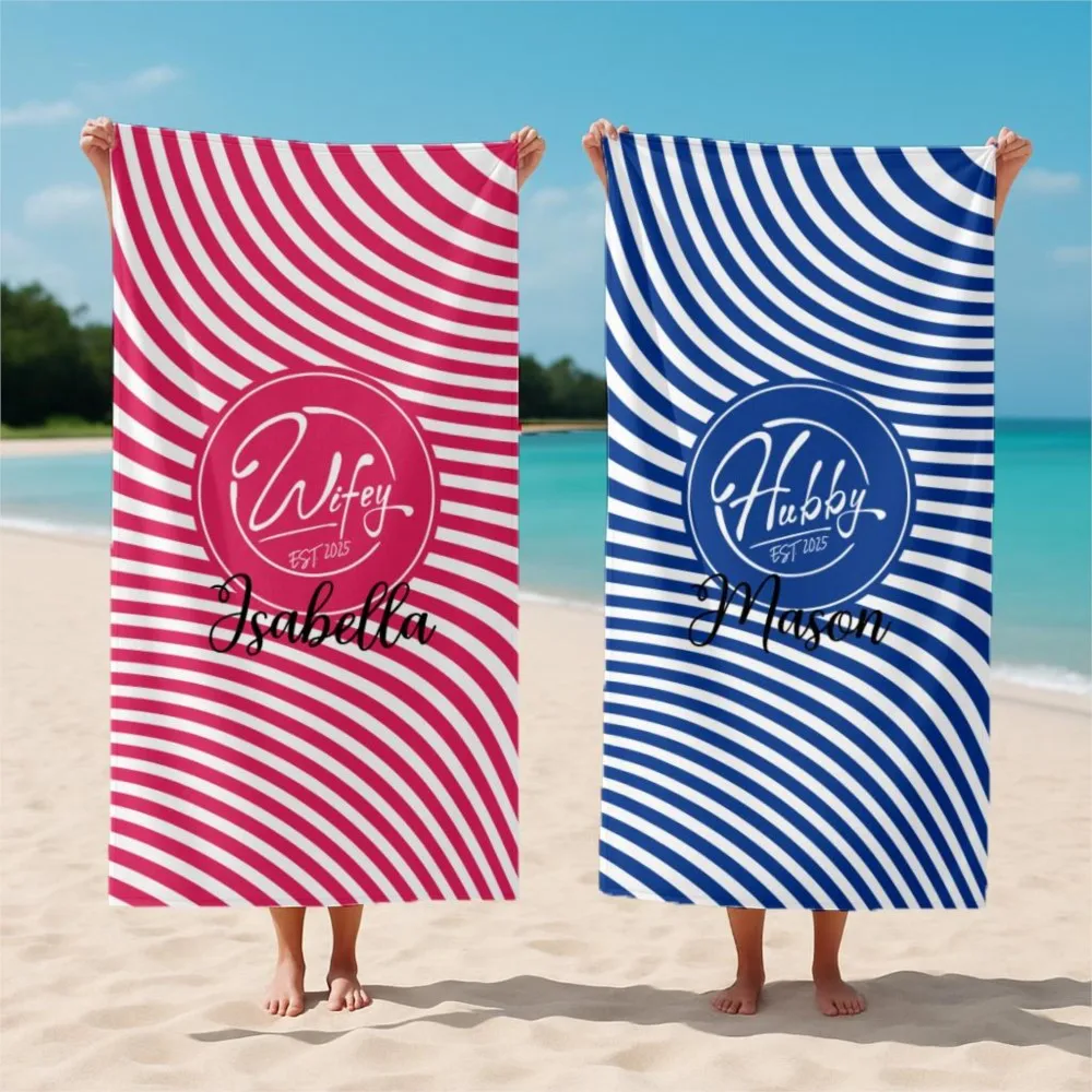 Wifey and Hubby Personalized Beach Towels Name Customized Towel Wedding Gift for Newlyweds Seaside Beach Party Oversized Towel