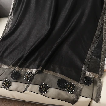 ผ้าพันคอผ้าไหมแท้สำหรับผู้หญิงผ้าพันคอฮิญาบสีเข้าคู่กับเสื้อถักลายดอกไม้