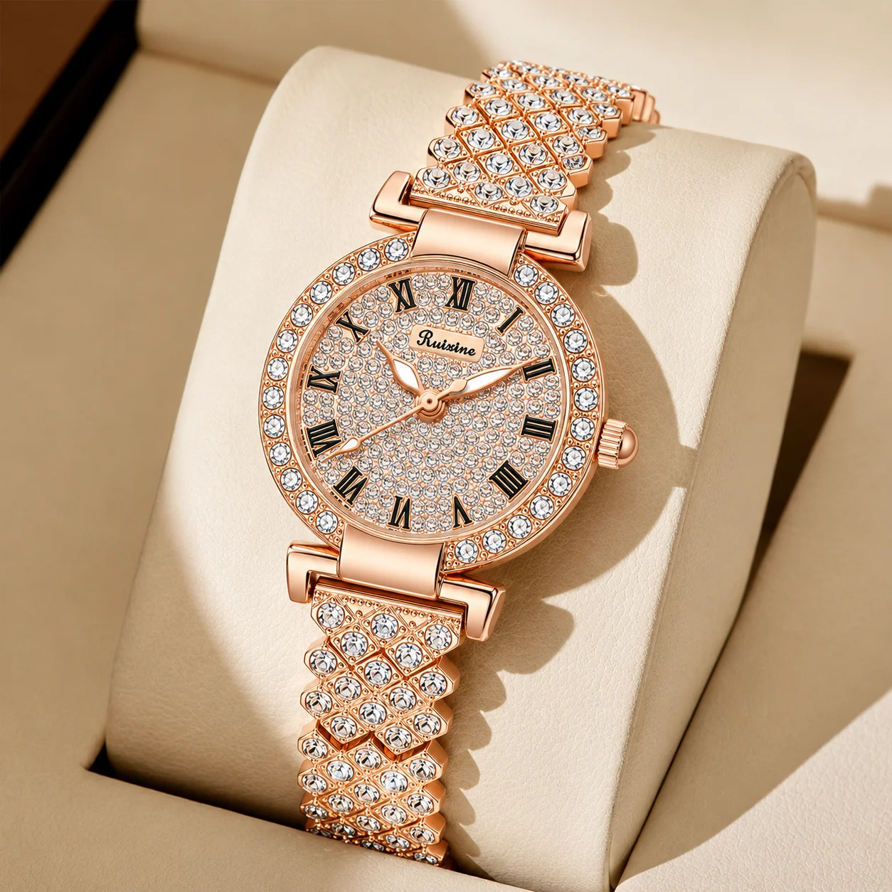 RUIXINE Fashion Luxury Ladies Full Diamond Quartz Watch Rose Gold Stainless Steel Bracelet Elegant Dress Wristwatch Reloj Mujer