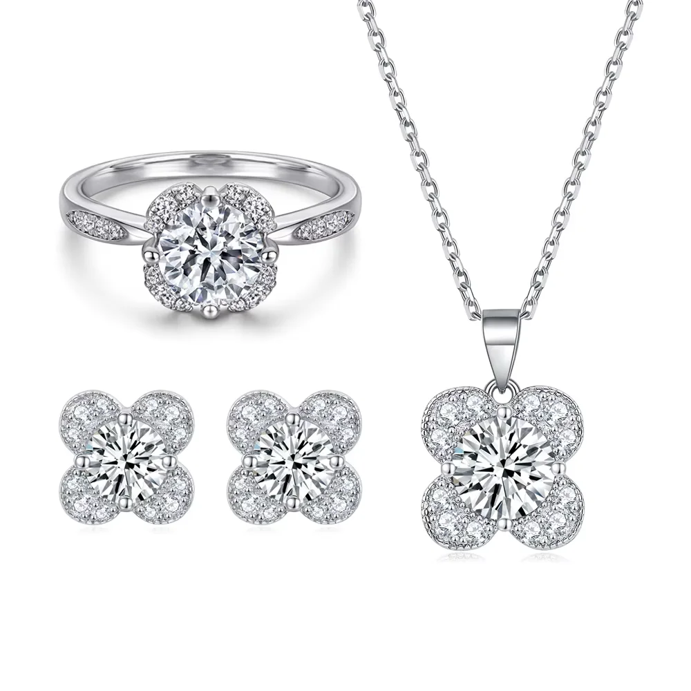

Sun Star 925 Sterling Silver Fashion Jewelry Set Four Leaf Flower Shaped Round Brilliant Cut Zircon Stone for Weddings