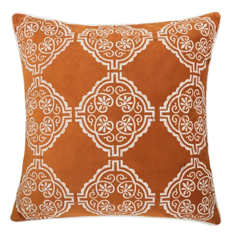 

Burnt Orange Damask Embroidered Throw Pillow - Boho Geometric Cushion for Home Decor