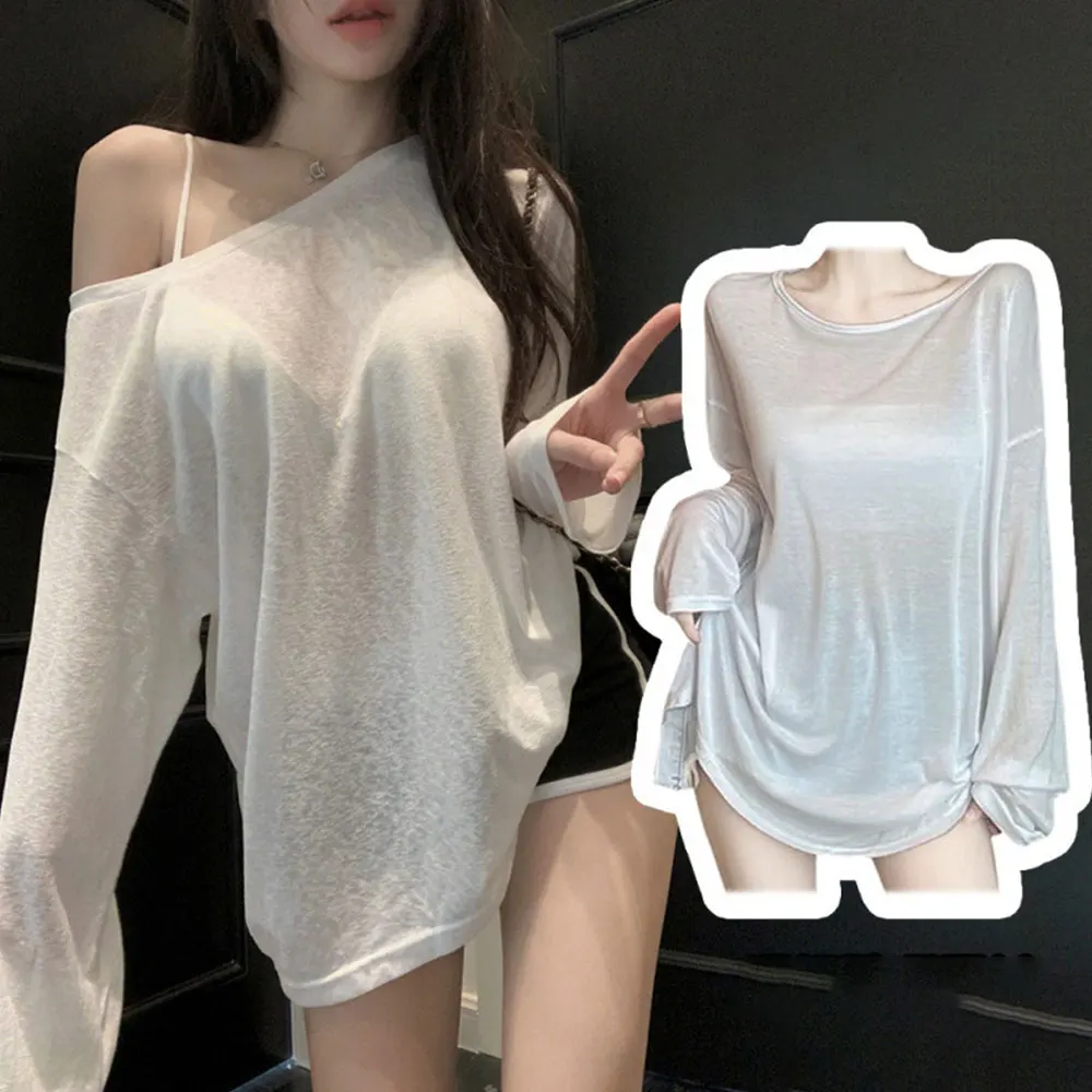 

Sexy Perspective Long sleeve T Shirt Women See Through Slim Shirts Off shoulder Bikini Cover Female Sunscreen Basic Long Tees