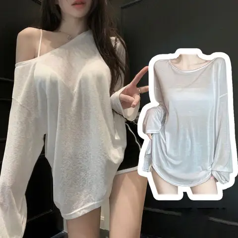 Sexy Perspective Long sleeve T Shirt Women See Through Slim Shirts Off shoulder Bikini Cover Female Sunscreen Basic Long Tees