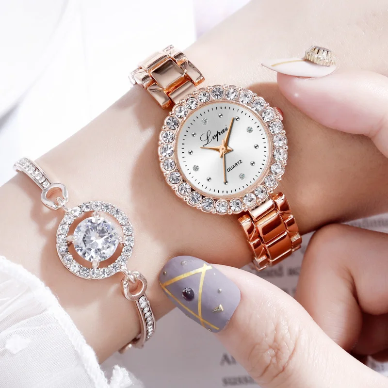 2PCS Set Luxury Alloy Bracelet Quartz Watch with Rhinestone Diamond Dial, Hidden Clasp for Women reloj mujer