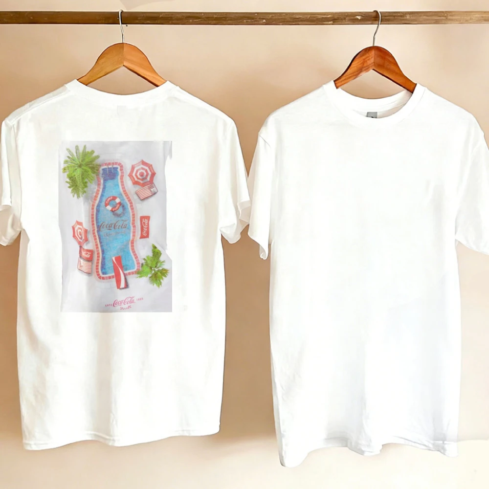 Retro Tropical Beach Coke Print Women Slouchy Basic Tshirt Seaside Picnic Outfit Thin Daily Top Women Holiday Surprise Present