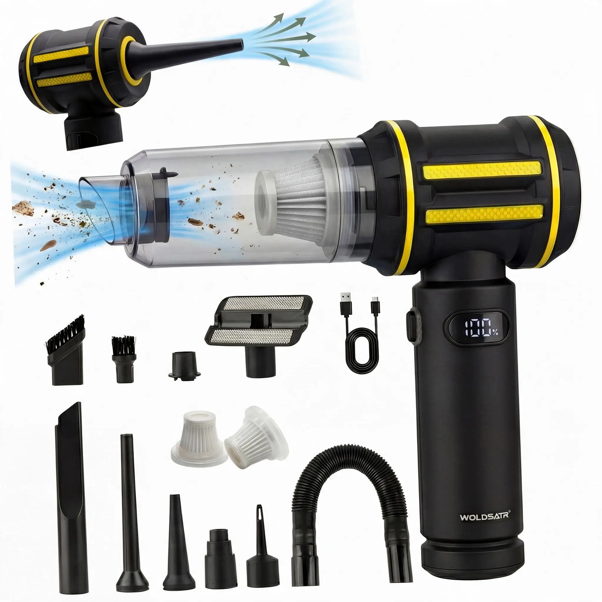 WOLDSATR 20000PA Wireless Car Vacuum Cleaner, 4-in-1 Handheld Vacuum Cleaner with Compressed Air Dust Remover, Blower and Pump, Portable Rechargeable Handheld Vacuum Cleaner for Car, Home, Office and Camping