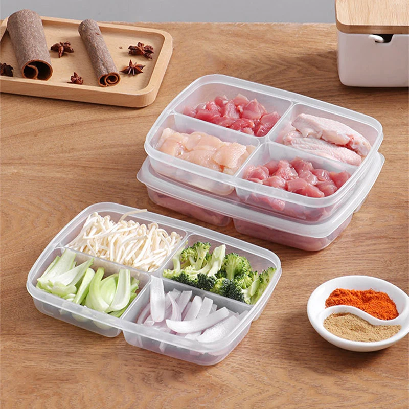 4 Grids Food Fruit Storage Box with Lid Portable Compartment Refrigerator Freezer Organizers Meat Onion Ginger Clear Crisper